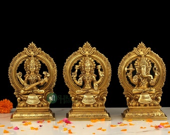 Brass Ganesh Lakshmi Saraswati, Statue for Diwali Gift, Brass Laxmi Ganesh Saraswati Statues for Home Temple Decor, House warming gift