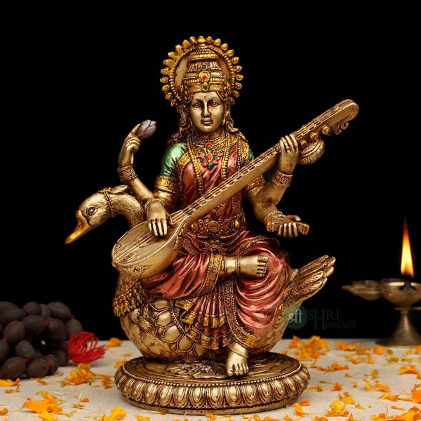 Statue de Saraswati, 21CM Cuivre Finition Déesse Saraswati sur le cygne Déesse hindoue de la connaissance, musique, art, sagesse &éducation Temple Mandir Statue