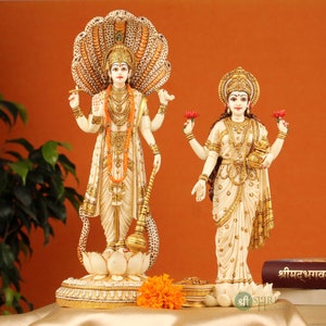 Vishnu Lakshmi Idol Standing Vishnu Laxmi Hand Painted Marble Vishnu Laxmi Statue Lord Vishnu Goddess Laxmi Sculpture for Home Temple Decor
