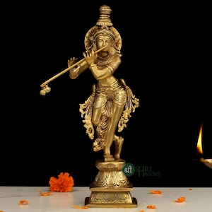 Brass Lord Krishna Statue Home Temple Decor God of Lovers Anniversary Gift Hare Krishna Statue Hindu Marriage gifts Home Entrance Decor