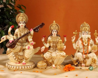 Ganesh Lakshmi Saraswati Statue Resin Statue Diwali Gift Cultured Marble Laxmi Ganesha Saraswati Statue Hand Painted Murtis For Home Temple