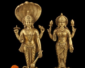 Brass Vishnu Lakshmi Statue Brass Lord Vishnu Goddess Laxmi Sculpture for Home Temple Decor Big Large Size Brass Laxmi Narayana Figurine
