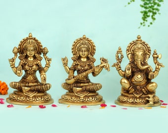 Estátua de latão Ganesh Lakshmi Saraswati, presente de Diwali, ídolo Ganesha, ídolo Ganesha para altar, deus da riqueza, estátua religiosa de decoração de templo doméstico