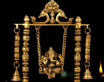 Brass Ganesh Statue On Jhula, Hindu God of Good Luck & new beginning, 25 cm Brass Swing Ganesha Statue, Home Decor Jhula Ganesh Murti