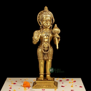 Brass Standing Hanuman, Religious Hindu Statue with Gada, Indian Bahubali God Figurine, Rambhakta Monkey God, Lord Rama, God of Strength