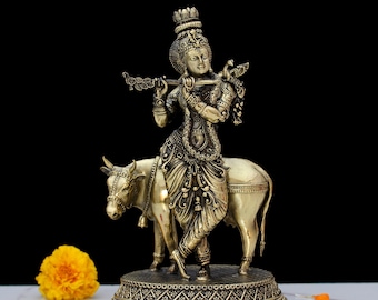 Brass Krishna Statue Hare Krishna Statue God of Lover Anniversary Gift Temple Home Pooja Decor Gift for Him Handmade Brass Krishna with Cow