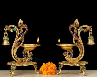Brass Deepak With Stonework 20 cm Brass Oil Lamp Stand with Bell Brass Decorative Diyas Handcrafted Deepak for Home Decor Traditional Lamps