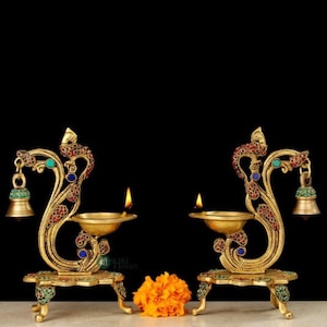 Brass Deepak With Stonework 20 cm Brass Oil Lamp Stand with Bell Brass Decorative Diyas Handcrafted Deepak for Home Decor Traditional Lamps