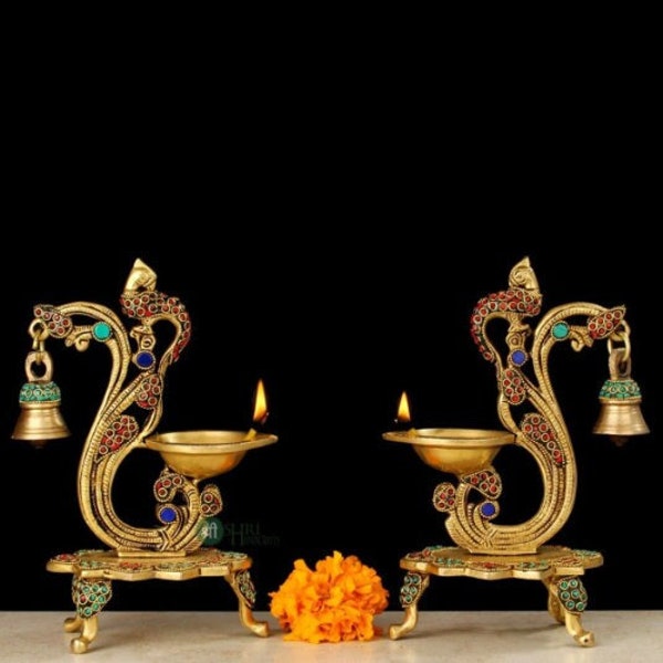 Brass Deepak With Stonework 20 cm Brass Oil Lamp Stand with Bell Brass Decorative Diyas Handcrafted Deepak for Home Decor Traditional Lamps