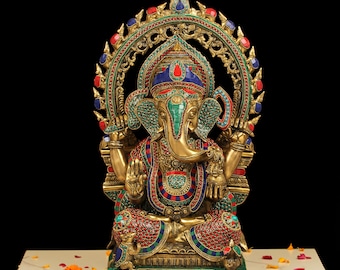 Estatua de Ganesha de latón, estatua de Ganesh de latón grande de 54 cm con trabajo de piedra, regalo de buena suerte, estatua de Dios hindú, Ganesh Murti de latón para decoración del hogar