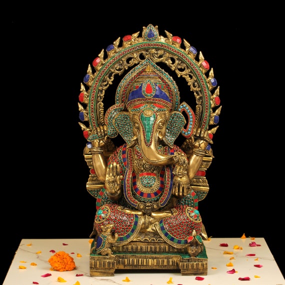 Brass Ganesha Statue, 54cm Big Brass Ganesh Statue with Stone Work, Good Luck Gift, Hindu God Statue, Brass Ganesh Murti for Home Decor