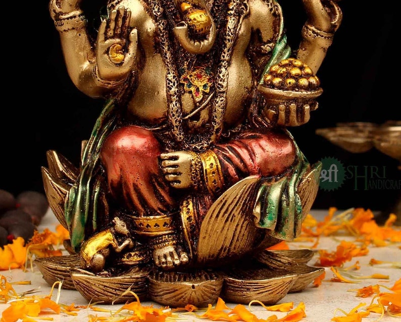 Ganesha Statue, 18 CM Copper Finish Lord Ganesh Idol on Louts, Ganapati,Vinayak. Elephant Headed Hindu God of good luck & new beginnings. image 3