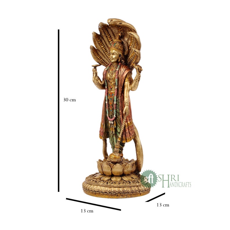 Vishnu Lakshmi Idol Standing Copper Finish Marble Dust Lord Vishnu Goddess Laxmi Sculpture for Home Temple Decor Laxmi Narayana Figurine image 4