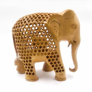 Wooden  Elephant Figurine Carved Undercut Statue 6&quot; Tall Sculpture Art Craft Home Decoration feng shui decor