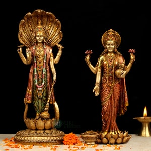 Vishnu Lakshmi Idol Standing Copper Finish Marble Dust Lord Vishnu Goddess Laxmi Sculpture for Home Temple Decor  Laxmi Narayana Figurine