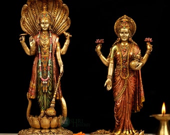 Vishnu Lakshmi Idool Staande Koperen Afwerking Marmer Stof Heer Vishnu Godin Laxmi Sculptuur voor Home Temple Decor Laxmi Narayana Beeldje