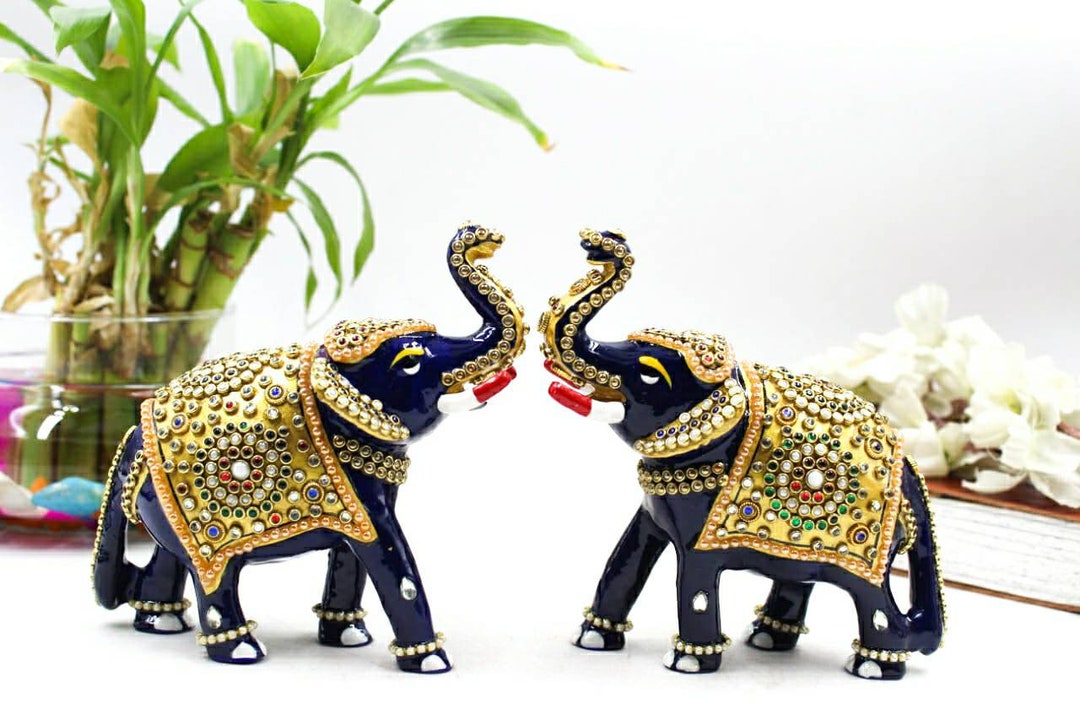 ★BLUE ELEPHANT★ DEMIA gold Set of 2 Dalax- 10” (H) Gold Color Elegant Elephant Statue