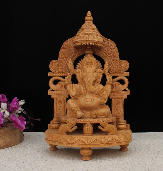ガネーシャ神木製 ガネーシャ夢を叶える神木製彫刻置物23cm、迫力満点