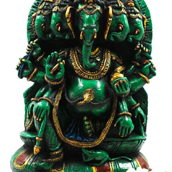 Lord Ganesha Statue, 5 Five Face Statue, Panchmukhi Ganesha idol, Green Colored Divine Statue, Hindu God Figurine, 12" Tall Temple Deity
