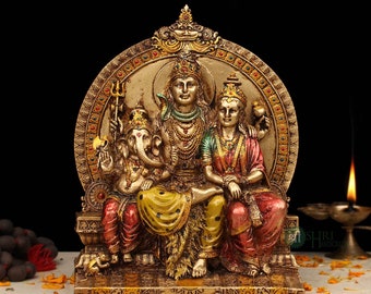 Shiv Parivar Moorti Hand Painted Sculpture 20 CM Resin Copper Finish Statue Cultured Marble Lord Mahadev Goddess Parvati Lord Ganesha