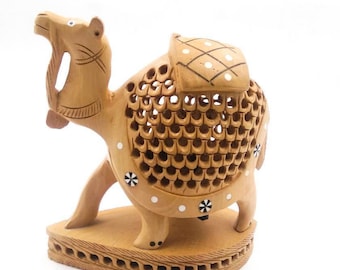 Wooden Camel Statue Hand Carved Sculpture Undercut Handmade Art 6" Inch Tall Home Decor Feng Shui