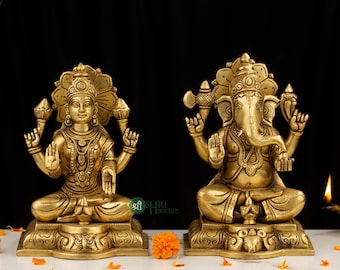 Estátua de Ganesh e Lakshmi em bronze, decoração para templo hindu doméstico, para puja de Diwali.