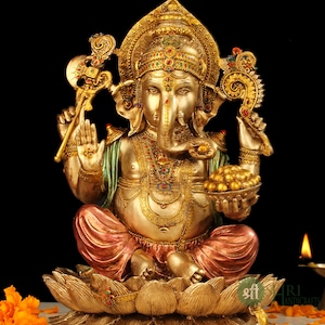 Ganesha Statue 30cm, Hand Painted Lord Ganesha Idol on Lotus, Ganapati, Vinayaka, Hindu Elephant God, Good Luck Gift for New Beginnings image 2