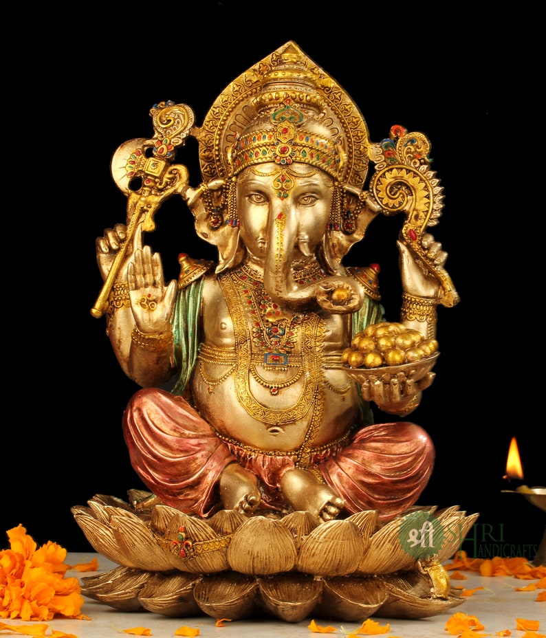 Ganesha Statue 30cm, Hand Painted Lord Ganesha Idol on Lotus, Ganapati, Vinayaka, Hindu Elephant God, Good Luck Gift for New Beginnings image 2