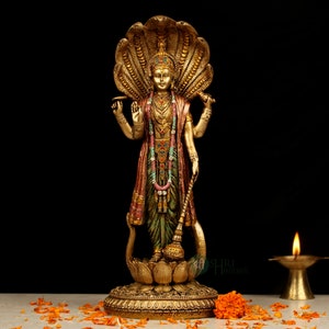 Vishnu Lakshmi Idol Standing Copper Finish Marble Dust Lord Vishnu Goddess Laxmi Sculpture for Home Temple Decor Laxmi Narayana Figurine VISHNU