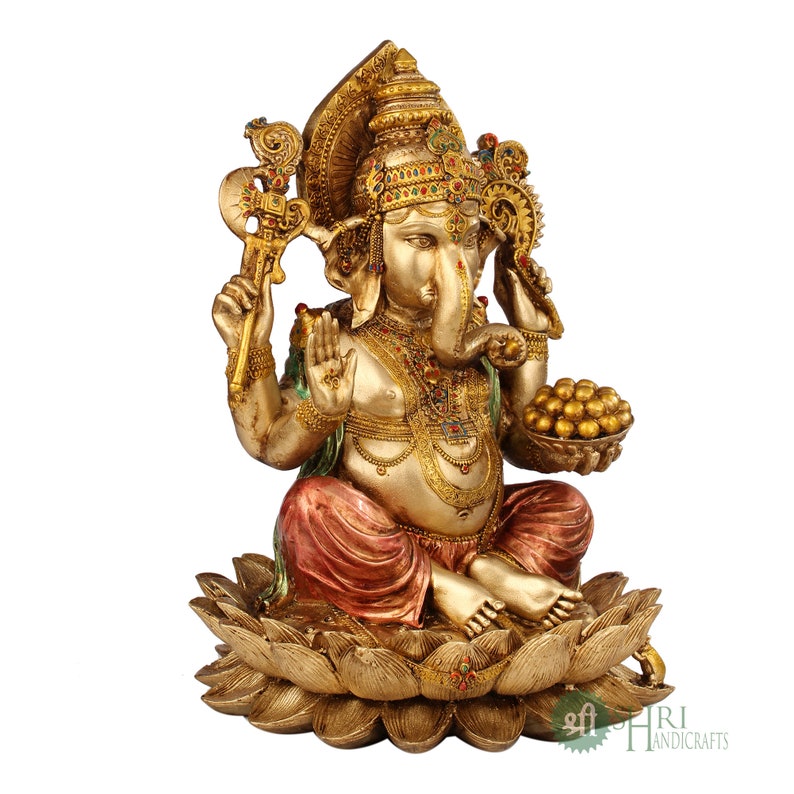Ganesha Statue 30cm, Hand Painted Lord Ganesha Idol on Lotus, Ganapati, Vinayaka, Hindu Elephant God, Good Luck Gift for New Beginnings image 5