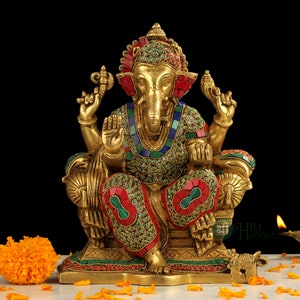 Brass Large Ganesha Statue, 24 cm Brass Ganesh Sculpture for Home Temple, Altar Decor, Good Luck Gift for New Beginnings, Hindu Elephant God