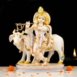 Lord Krishna Statue with Cow Hare Krishna Statue God of Lover Anniversary Gift Temple Home Pooja Decor Handmade Culture Finish Krishna Idol