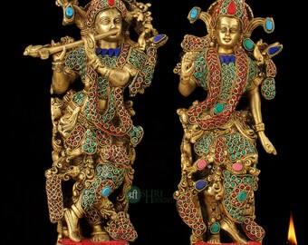 シャクティ 真鍮製 クリシュナとラーダー 彫刻像 ペア＆壁掛け3点