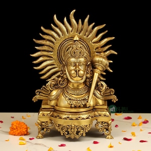 Brass Hanuman Statue, Religious Hindu Statue with Gada, Indian Bahubali God Figurine Rambhakta Monkey God, Lord Rama God of Strength