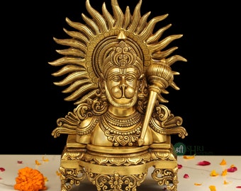 Brass Hanuman Statue, Religious Hindu Statue with Gada, Indian Bahubali God Figurine Rambhakta Monkey God, Lord Rama God of Strength