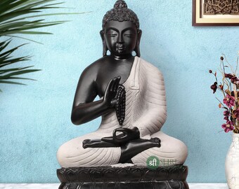 Handmade Buddha Idol Meditating Figurine Thinking Lord Resin Statue Art 18" Tall Home Decor Feng Shui Black