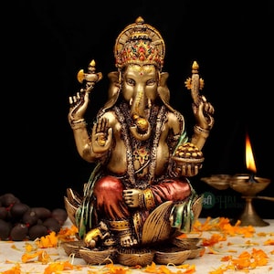 Ganesha Statue, 18 CM Copper Finish Lord Ganesh Idol on Louts, Ganapati,Vinayak. Elephant Headed Hindu God of good luck & new beginnings. image 10