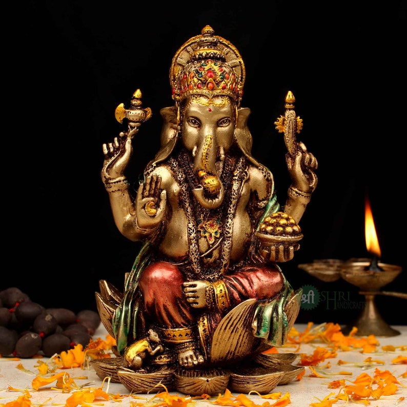 Ganesha Statue, 18 CM Copper Finish Lord Ganesh Idol on Louts, Ganapati,Vinayak. Elephant Headed Hindu God of good luck & new beginnings. image 10