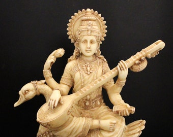 Saraswati Statue With Plays a Calming Music on Veena Resin Goddess Statue Indian God Spiritual Figure Goddess of Knowledge and Creativity