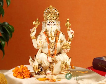 6.5'' Seigneur Ganesha assis sur la statue de Lotus, dieu d’éléphant hindou, dieu de temple, figurines de sculpture de Ganesha, dieu de bonne chance, boho