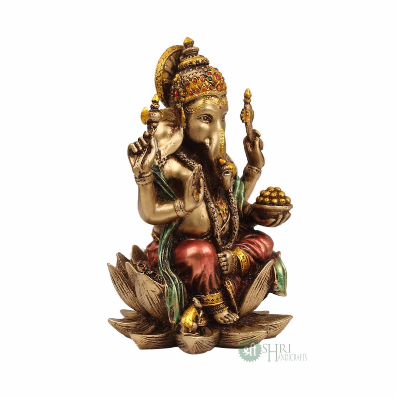 Ganesha Statue, 18 CM Copper Finish Lord Ganesh Idol on Louts, Ganapati,Vinayak. Elephant Headed Hindu God of good luck & new beginnings. image 5