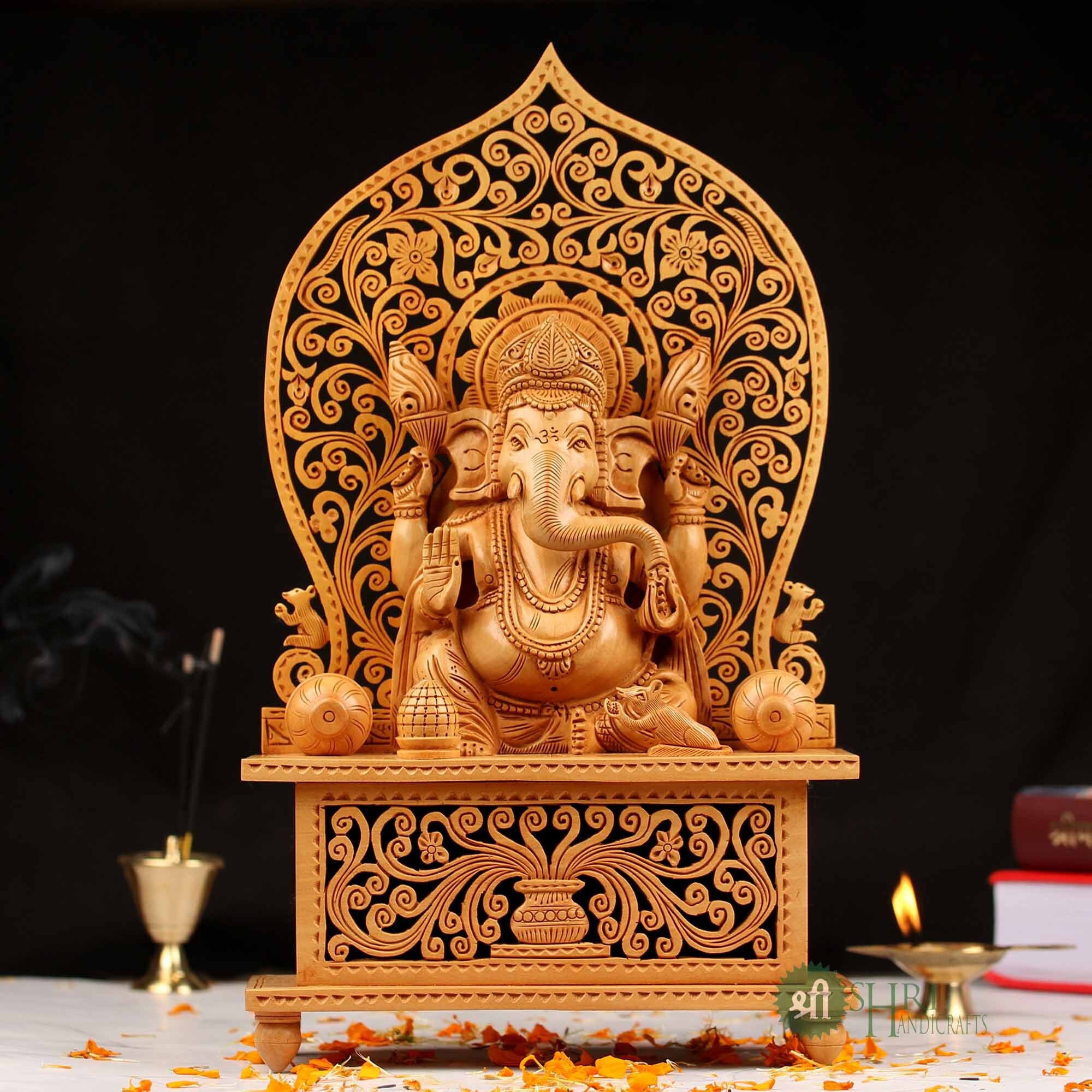 13インチ シンガサンに座るガネーシャ、幸運の贈り物、知恵の神