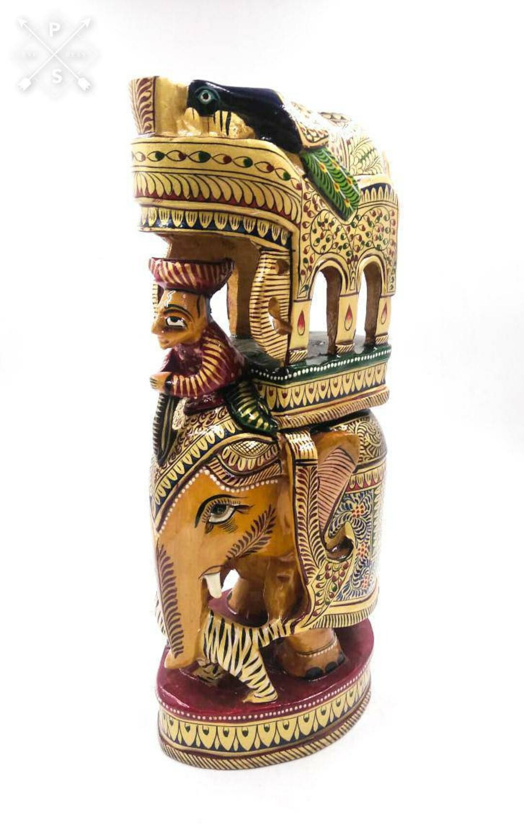 12インチ 木製 手彫り 黄金象像 彫刻 絵画付き アート ヴィンテージ