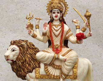 Durga Maa Statue 26 CM Hand Painted Dust Marble Goddess Durga Idol with Lion Durga for Altar Hindu Goddess of Protection Adishakti Statue