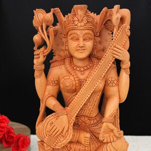 Wooden Saraswati Statue Hindu Goddess Figurine Students God Handmade Sculpture 12&quot; Inch Tall Temple Feng Shui Decor Unique Gifts