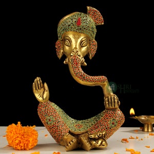 Brass Ganesha Statue with Stone Work, Ganesh Sculpture Home Temple Decor, Good Luck Gift for New Beginnings, Modern Ganesha Sculpture