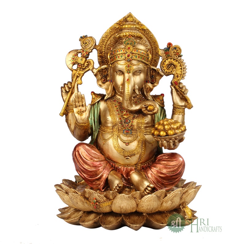 Ganesha Statue 30cm, Hand Painted Lord Ganesha Idol on Lotus, Ganapati, Vinayaka, Hindu Elephant God, Good Luck Gift for New Beginnings image 4