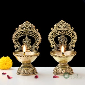 Brass Ganesh Laxmi Deepak Premium Brass Quality Decorative Diyas for Temple Decor Handcrafted Deepak for Home Decor Traditional Lamps