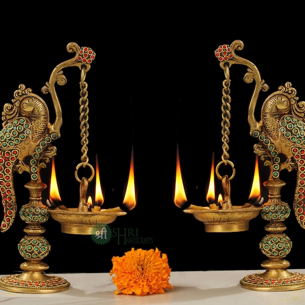 Brass Deepak with Stonework, 22cm Brass Oil Lamp Stand, Brass Decorative Diyas Handcrafted Deepak for Home, Indian Traditional Oil Lamps