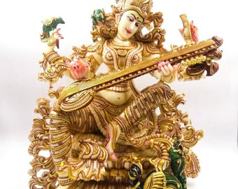 Saraswati Sitting Statue with Veena 43 CM Big Size Resin Hindu God Sculpture Goddess of Knowledge God of Music and Art Temple Decor Idol